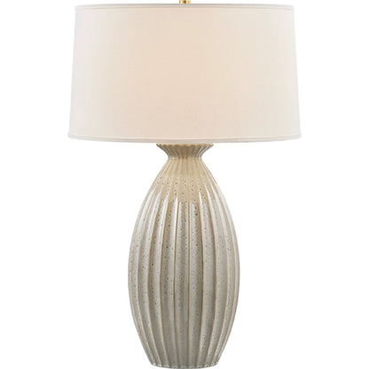 Box Elder Table Lamp by Hudson Valley in aged brass, ceramic taupe velvet. Made from ceramic in a unique style.