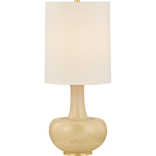 Plum Point Table Lamp by Hudson Valley in aged brass, ceramic biscotti reactive. Made from ceramic in a unique style.
