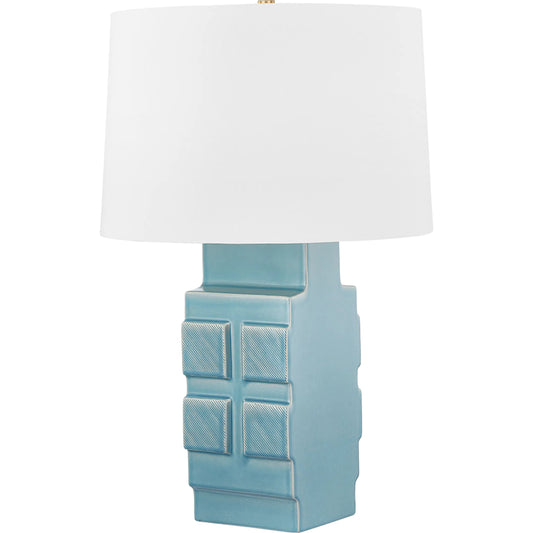 Sarai Table Lamp by Hudson Valley in aged brass, ceramic moonstone granite. Made from ceramic in a unique style.