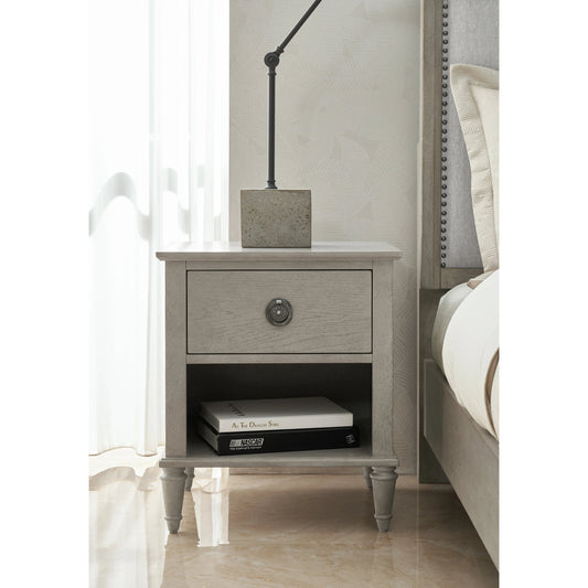 Zest Drawer Nightstand by Zest in gray and greige. Made from rubberwood, oak veneer in a transitional style.