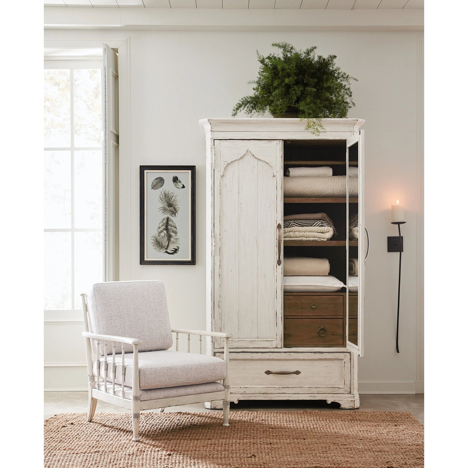 Americana Wardrobe by Hooker Furniture in black and molasses finish. Made from oak veneers in a cottage & farmhouse style.