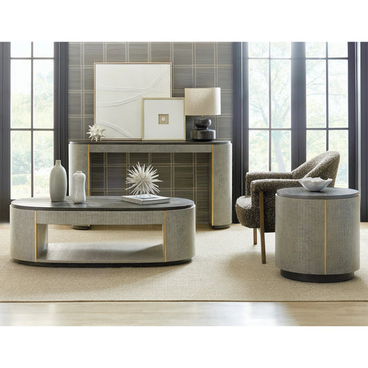 Melange Dylian Console Table by Hooker Furniture in gray and gray. Made from pine veneers and robus leather in a modern style.