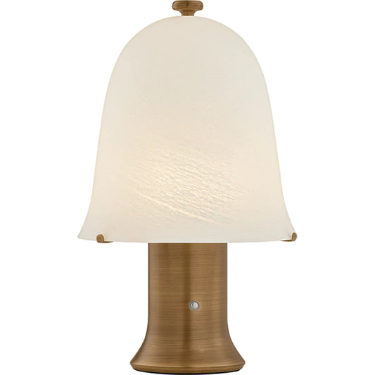 Kipps Rechargeable Table Lamp by Hudson Valley in patina brass. Made from glass in a unique style.