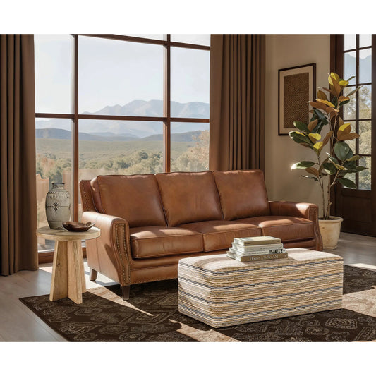 Exton Sofa by Hooker Furniture in old english saddle. Made from leather in a traditional style.