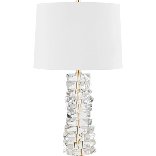 Bellarie Table Lamp by Hudson Valley in aged brass. Made from crystal in a modern style.