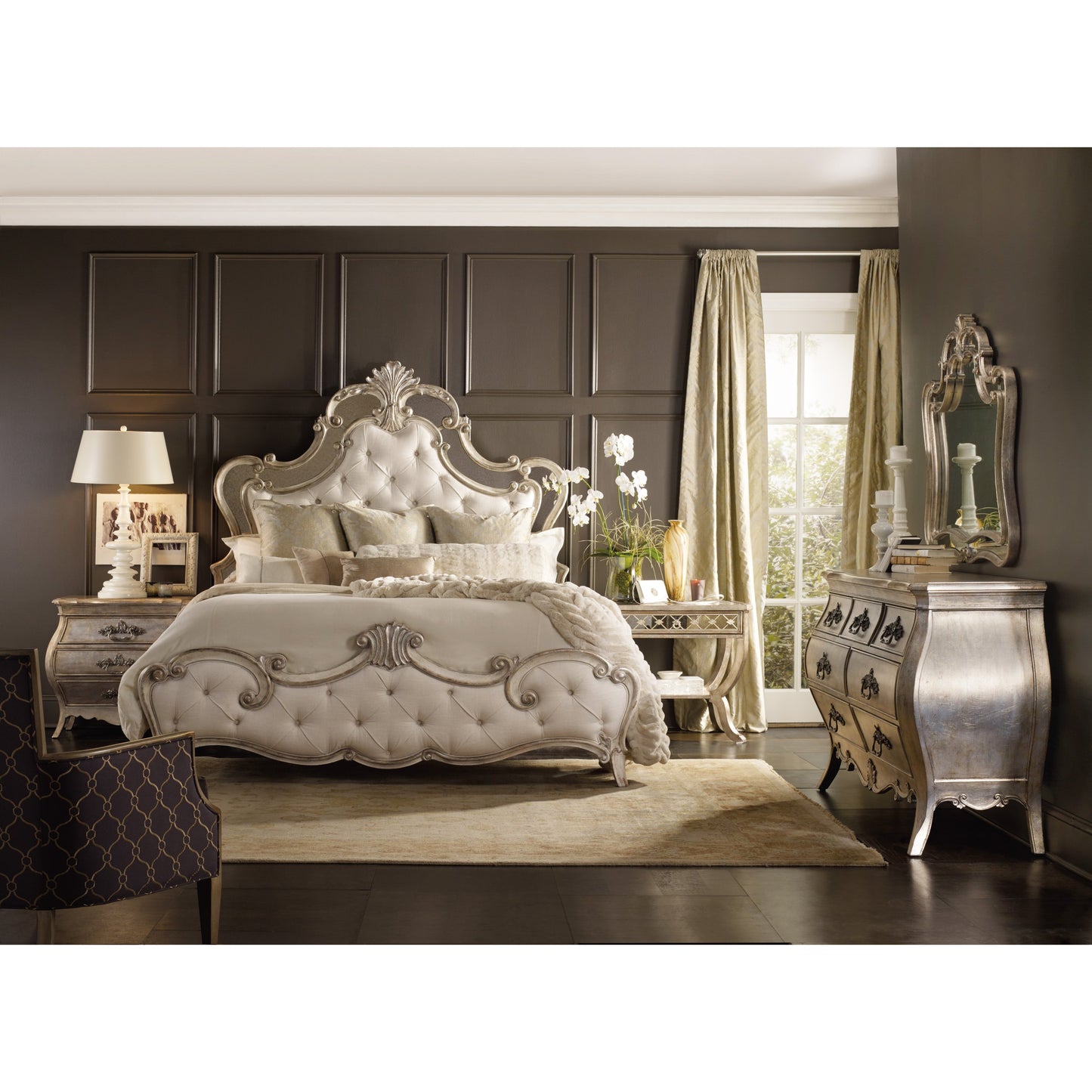 003 SI-1749648,SI-1749649,SI-1749650 | Lifestyle | Sanctuary Upholstered Bed by Hooker Furniture in beige and bardot. Made from hardwoods, resin, fabric, mirror in a traditional style.