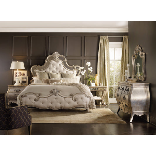Sanctuary Upholstered Bed by Hooker Furniture in beige and bardot. Made from hardwoods, resin, fabric, mirror in a traditional style.