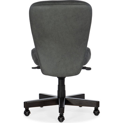 Sasha Executive Swivel Tilt Chair by Hooker Furniture in big top dark taupe and dark wood. Made from leather (semi-aniline top grain) in a transitional style.