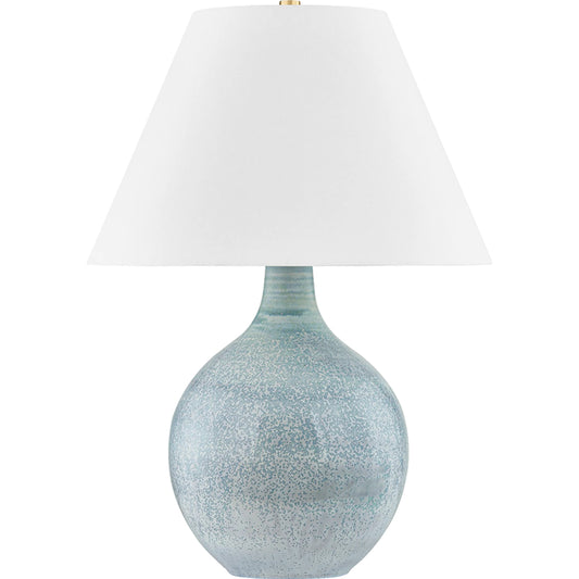 Kearny Table Lamp by Hudson Valley in aged brass, ceramic reactive seaglass. Made from ceramic in a unique style.