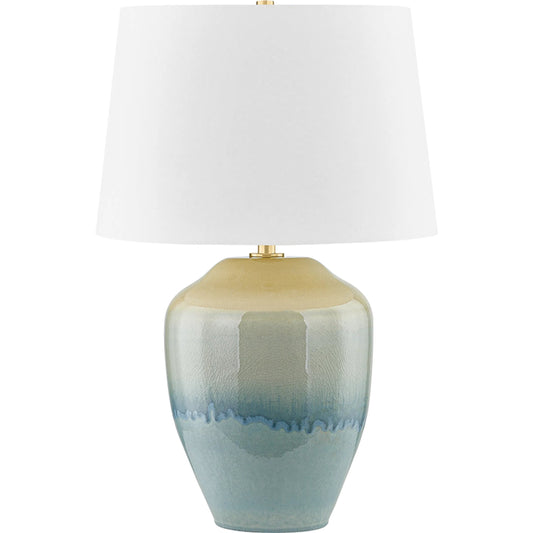Montville Table Lamp by Hudson Valley in aged brass, ceramic crackle emerald tide. Made from ceramic in a unique style.