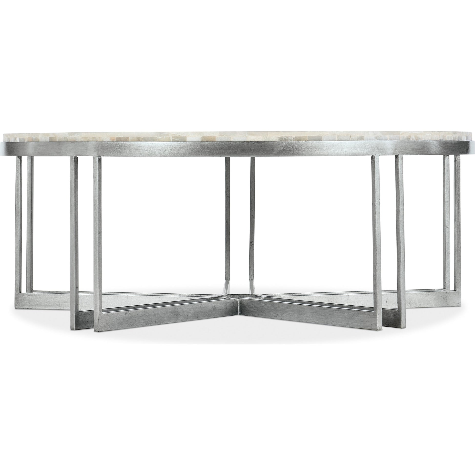 Melange Marin Round Cocktail Table by Hooker Furniture in silver. Made from tumbles white onyx with carbon steel metal in a transitional style.