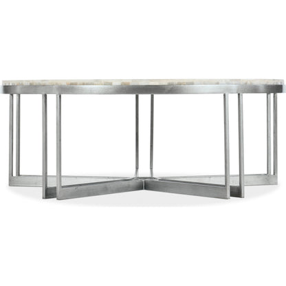 Melange Marin Round Cocktail Table by Hooker Furniture in silver. Made from tumbles white onyx with carbon steel metal in a transitional style.