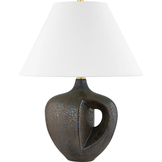 Avenel Table Lamp by Hudson Valley in aged brass, ceramic reactive bronze. Made from ceramic in a unique style.