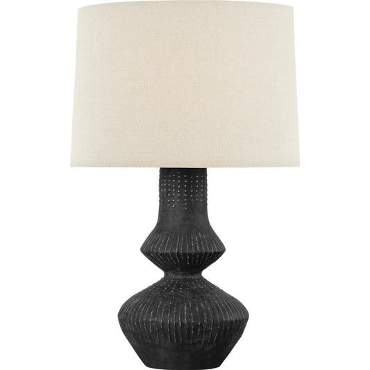 Ancram Table Lamp by Hudson Valley in vintage gold leaf, ceramic totem black. Made from ceramic in a unique style.