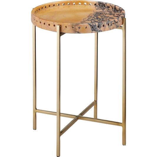 Freya Breccia Accent Table by Currey and Company in natural, antique brass. Made from purple breccia, iron, engineered wood in a unique style.