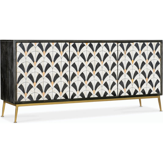 Melange Renee Credenza by Hooker Furniture in black and black wood finish. Made from mango wood with bone inlay on doors and iron in a modern style.