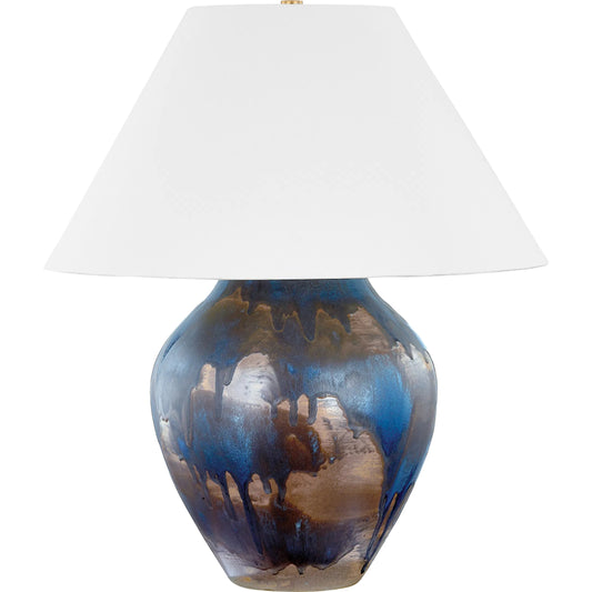Pleasantville Table Lamp by Hudson Valley in aged brass, ceramic silt blue. Made from ceramic in a unique style.