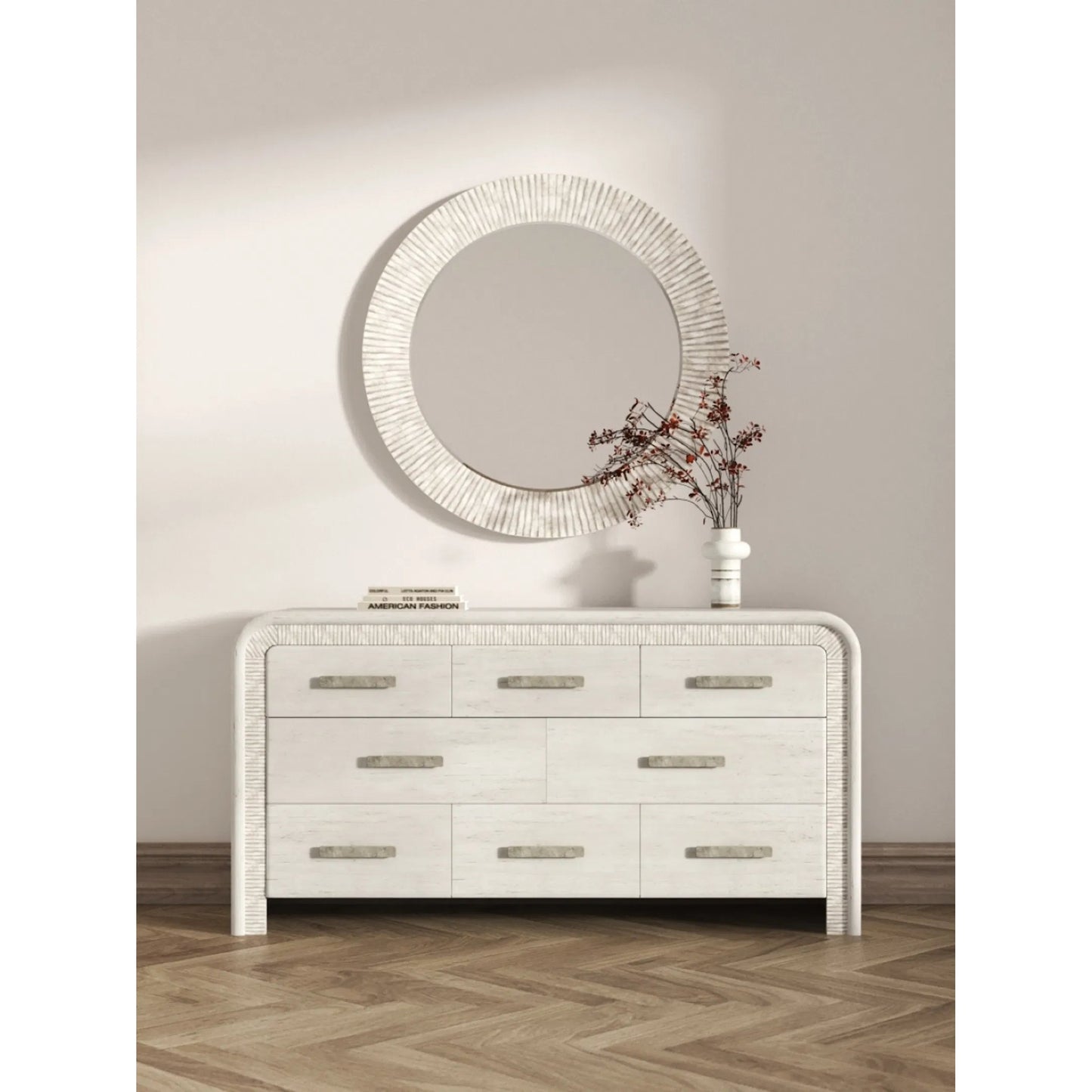 004 SI-2356175 | Lifestyle | Ashlar Dresser by A.R.T. Furniture in bisque, sanded bronze. Made from parawood solids, birch veneers, resin, metal in a transitional style.