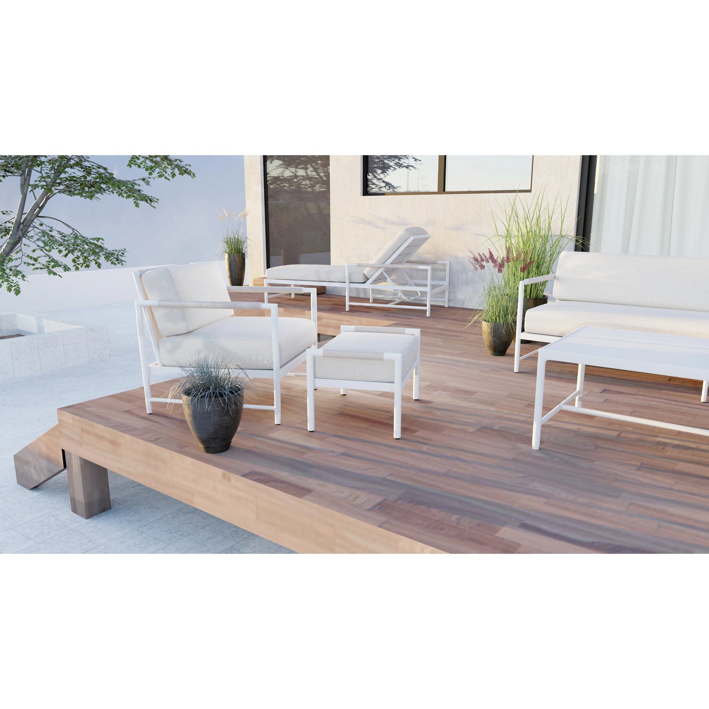 008 SI-2167170 | Lifestyle | Sabbia Outdoor Sofa by Sunset West in white. Made from olefin rope in a coastal style.