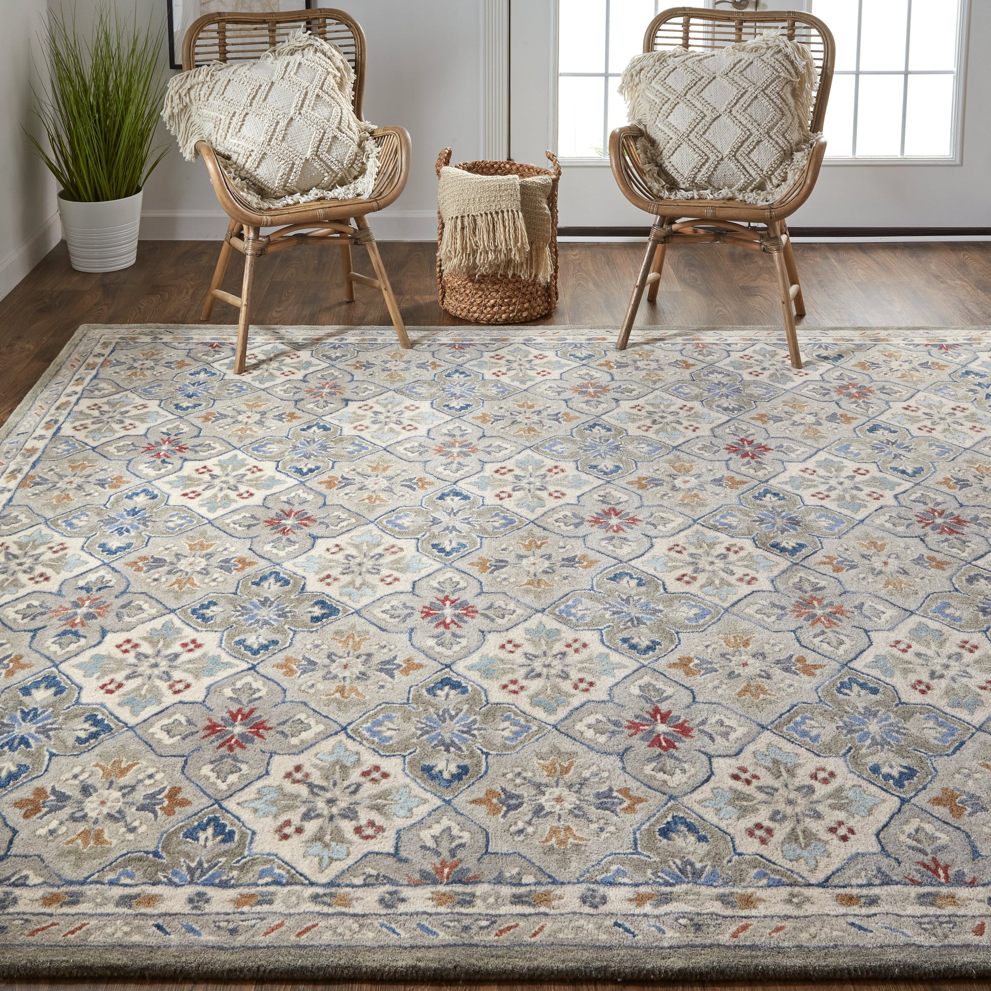 Rylan Transitional & Botanical Rug - 8638F by Feizy in taupe, ivory, red. Made from wool in a unique style.