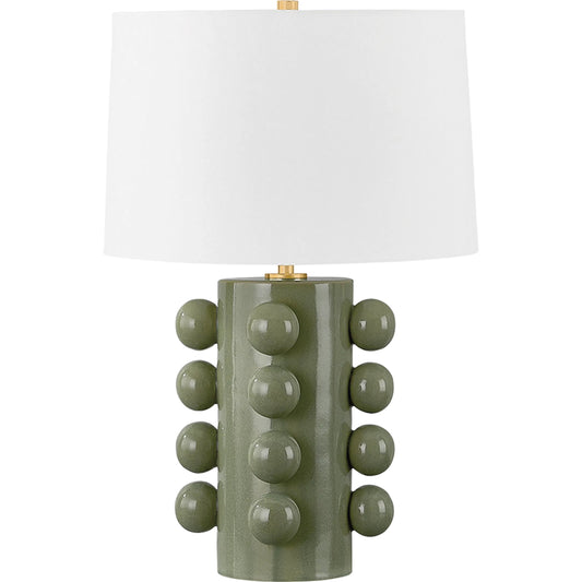 Roselle Table Lamp by Hudson Valley in aged brass, ceramic moss crackle. Made from ceramic in a unique style.