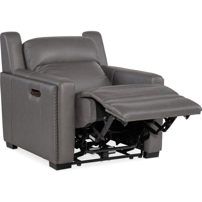 McKinley Power Recliner by Hooker Furniture in candid spice and dark wood. Made from leather in a traditional style.