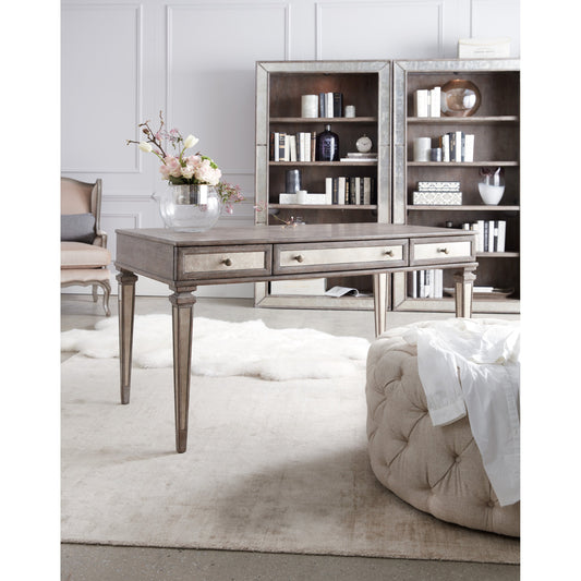 Rustic Glam Desk by Hooker Furniture in soft white oak. Made from quartered white oak veneers, glass in a transitional style.
