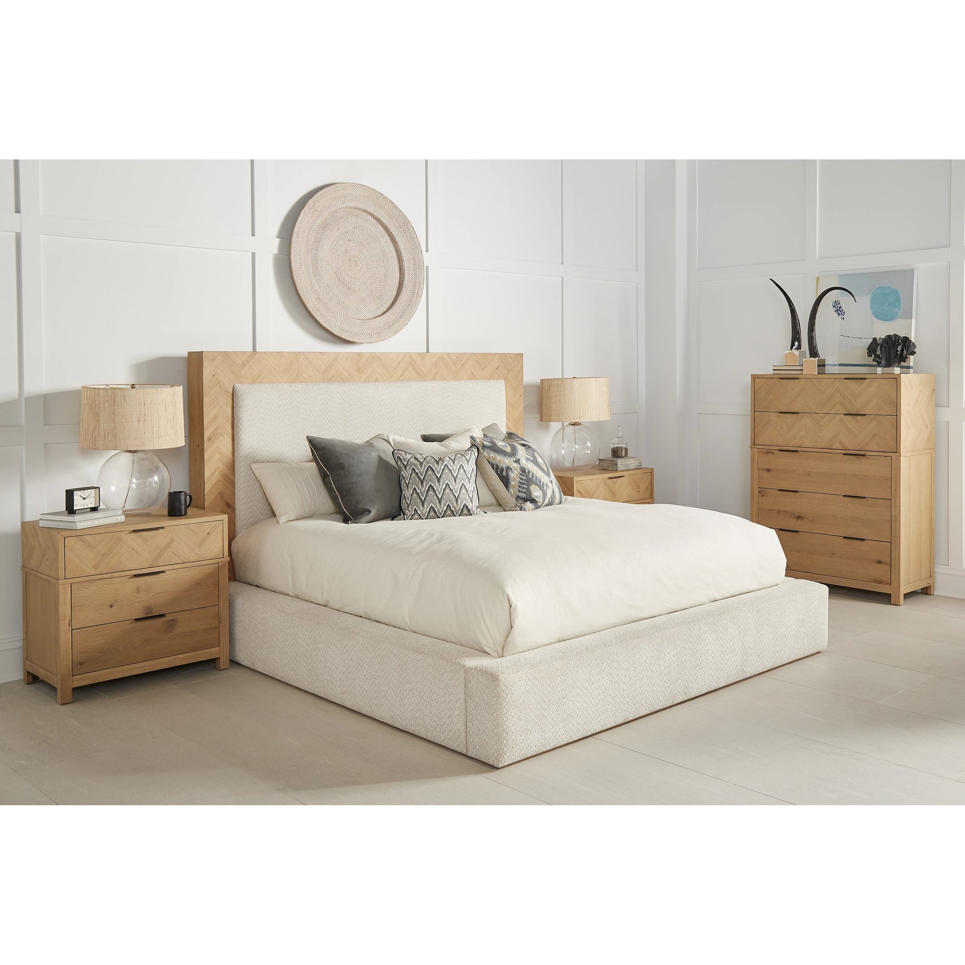 Garrison Upholstered Bed by A.R.T. Furniture in washed oak, catalina parchment. Made from parawood solids with ash embossing, white oak veneers, foam, fabric in a modern style.