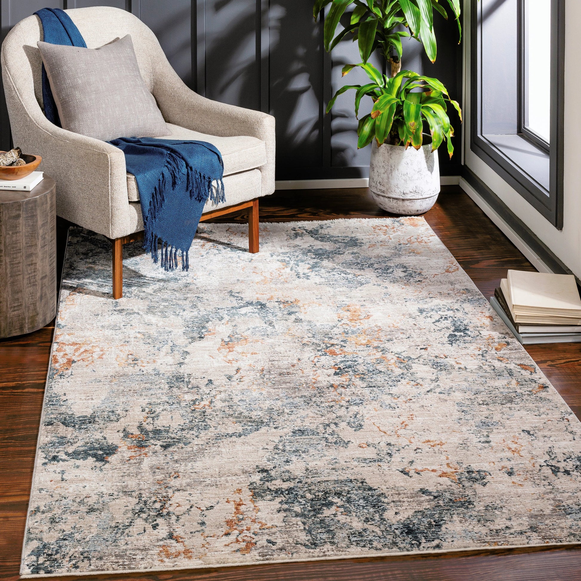 Laila Rug by Livabliss in teal, dusty sage, rust, mustard, gray, light gray. Made from 100% polyester in a modern style.