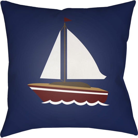 Sail Indoor/Outdoor Pillow by Livabliss in blue, white, red, brown. Made from front: 100% polyester, back: 100% polyester in a coastal style.