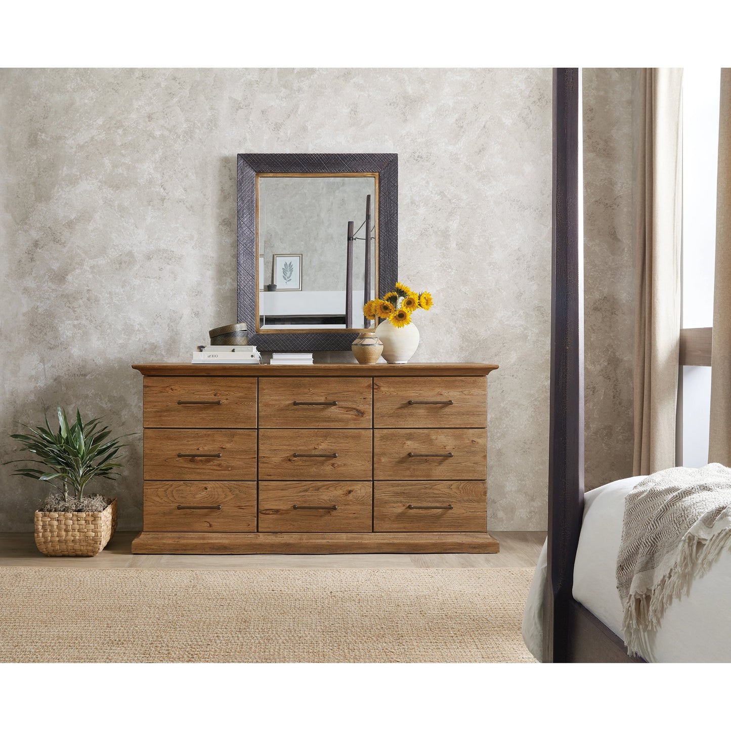 002 SI-1959519 | Lifestyle | Big Sky Portrait Mirror by Hooker Furniture in vintage natural, furrowed bark. Made from wood, resin, mirror in a traditional style.