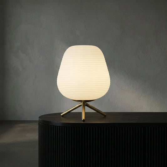Foka Table Lamp by Noir in antique brass. Made from industrial steel, frosted glass diffuser in a modern style.