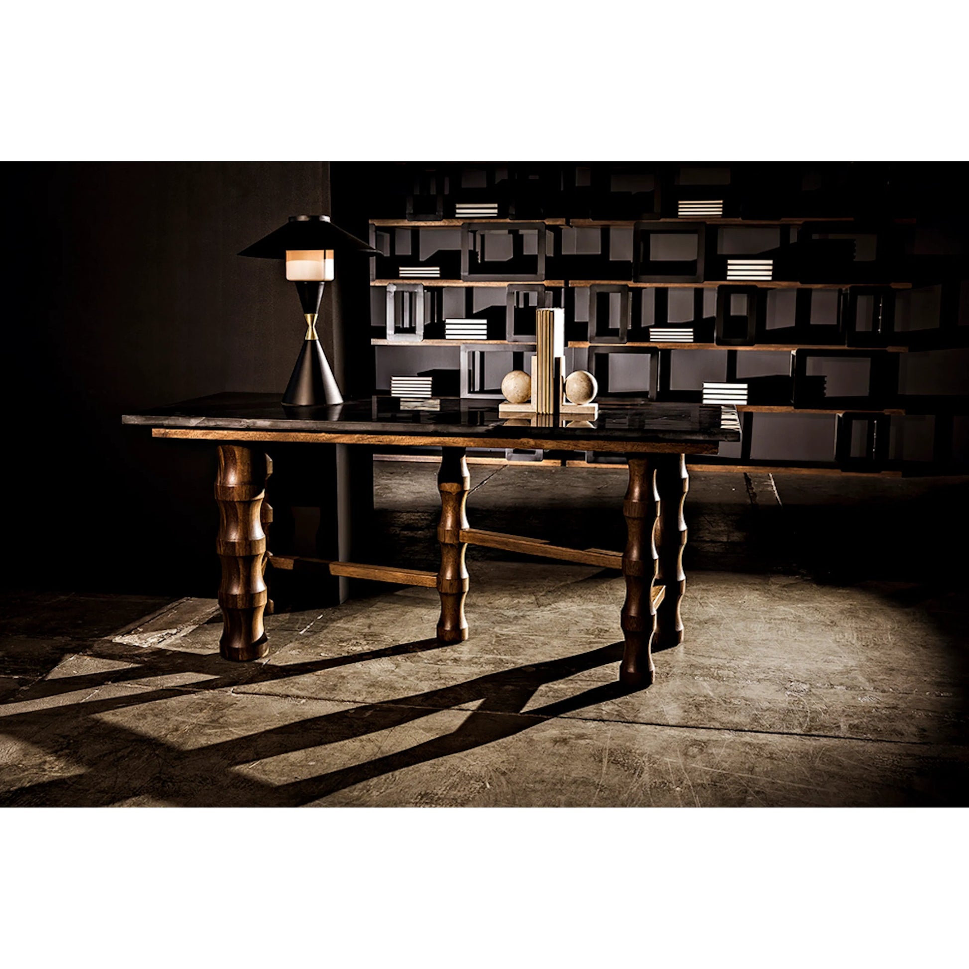 Lucia Table Lamp by Noir in black, brass detail. Made from metal in a modern style.