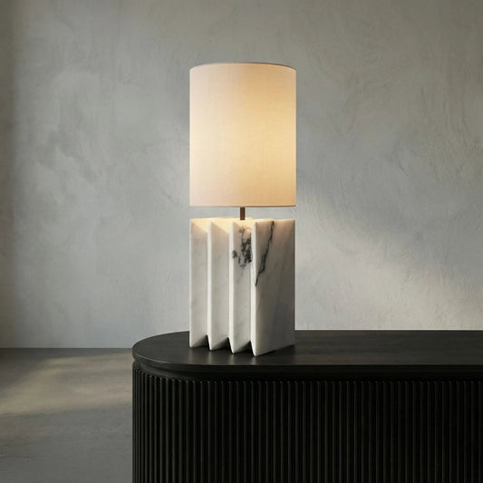 Jman Lamp by Noir in waxed white marble. Made from white marble with silk shade in a modern style.
