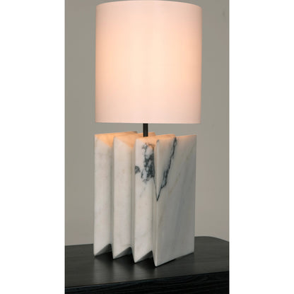 Jman Lamp by Noir in waxed white marble. Made from white marble with silk shade in a modern style.