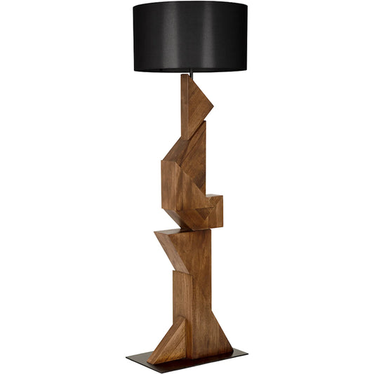 Enigma I Floor Lamp with Shade by Noir in dark walnut, black shade. Made from walnut, iron, silk shade in a unique style.