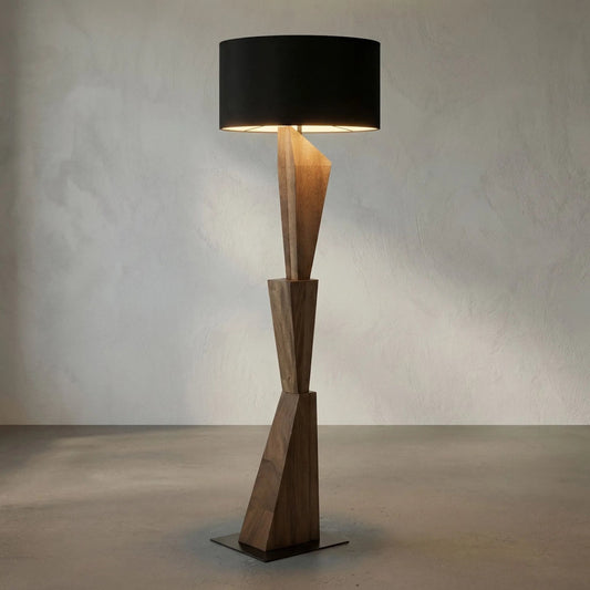 Enigma II Floor Lamp with Shade by Noir in dark walnut, black shade. Made from walnut, iron, silk shade in a unique style.