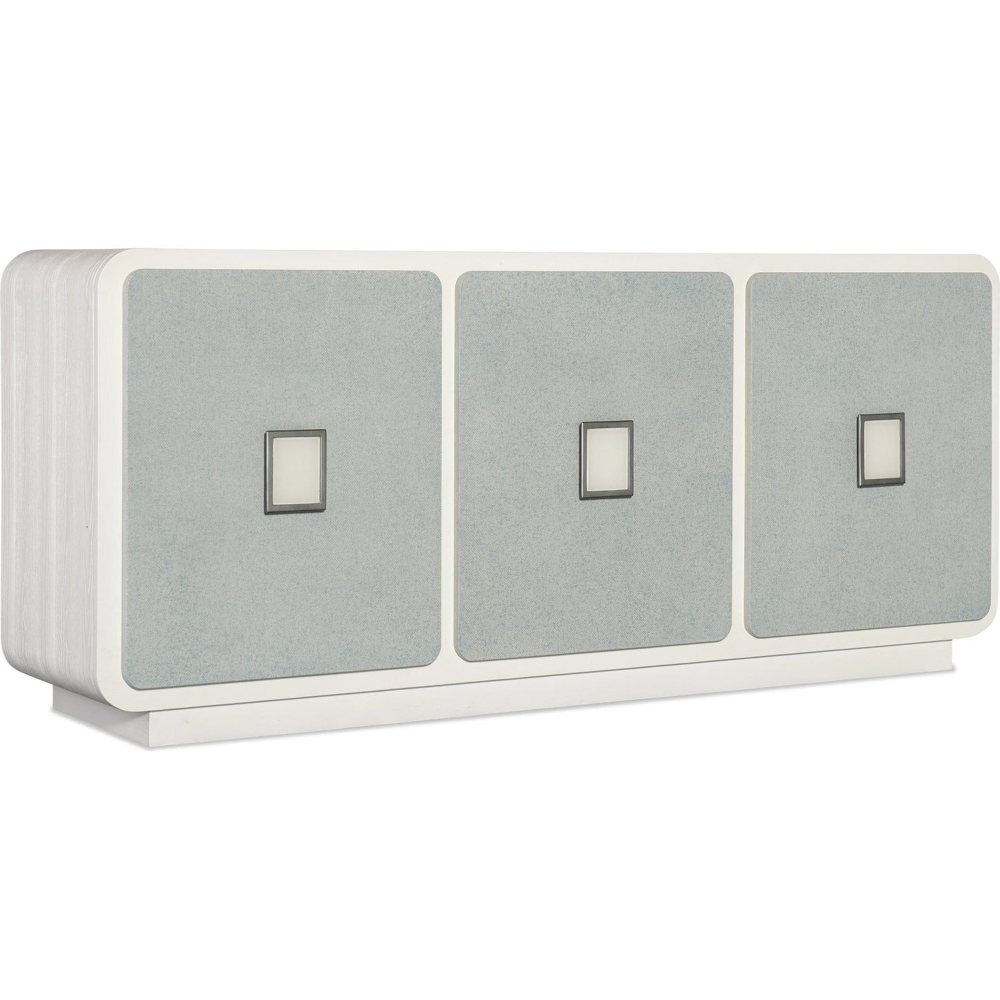 001 SI-2133592 | Primary Silo | Melange Atlantis Entertainment Credenza by Hooker Furniture in cream, pale blue. Made from pine veneers, raffia, painted glass in a modern style.