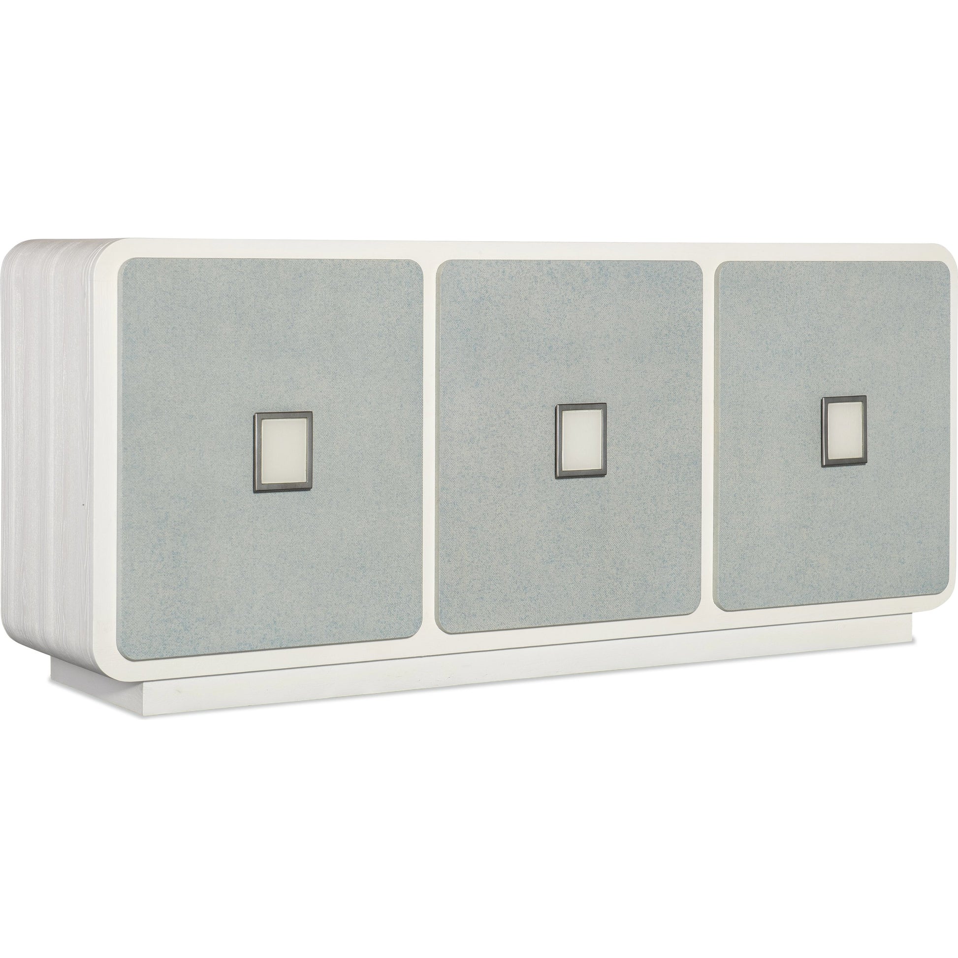 Melange Atlantis Entertainment Credenza by Hooker Furniture in cream, pale blue. Made from pine veneers, raffia, painted glass in a modern style.