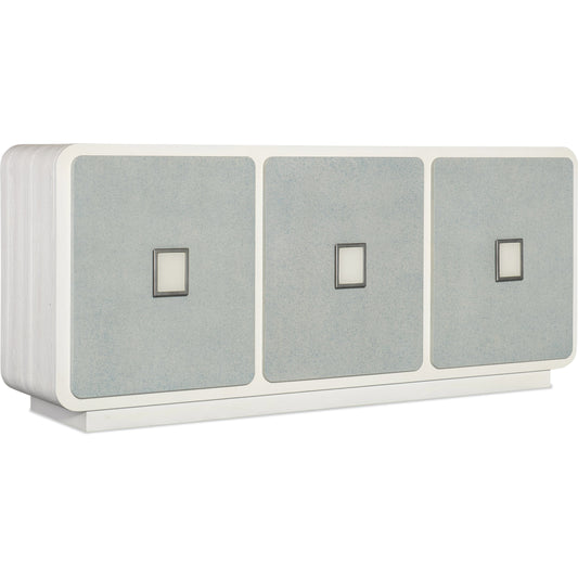 Melange Atlantis Entertainment Credenza by Hooker Furniture in cream, pale blue. Made from pine veneers, raffia, painted glass in a modern style.