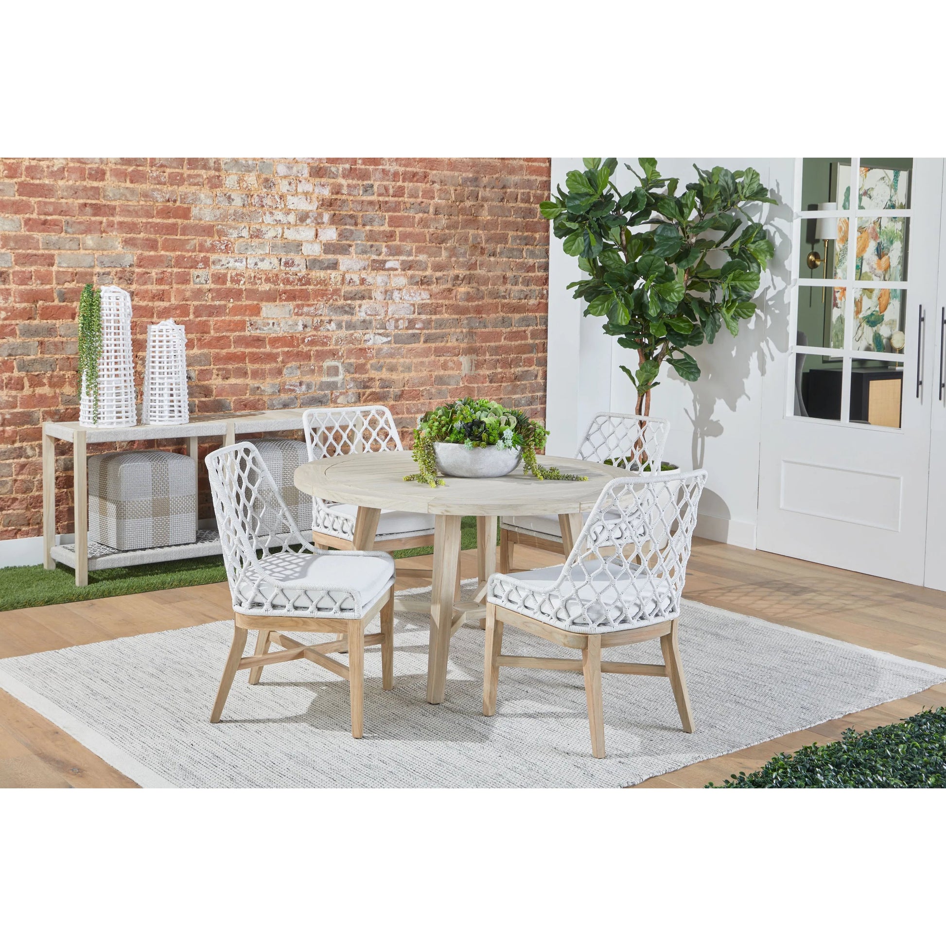 Lattis Dining Chair by Essentials For Living in gray, white speckle. Made from solid teak, aluminum, rope, 100% olefin in a coastal style.