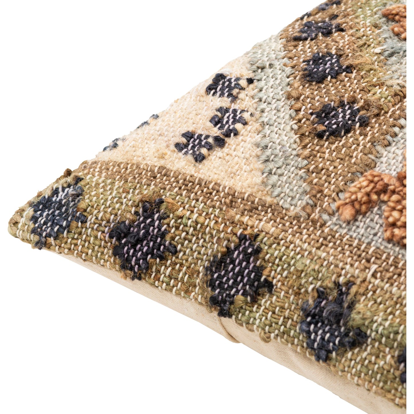 003 SI-1885423,SI-1885424,SI-1885425,SI-1885426,SI-1885427,SI-1885428 | Closeup | Luanda Pillow - 37087 by Surya in dark brown, brown, seafoam, black, light beige, olive. Made from 70% jute, 20% wool, 10% cotton, 100% cotton in a eclectic & global style.