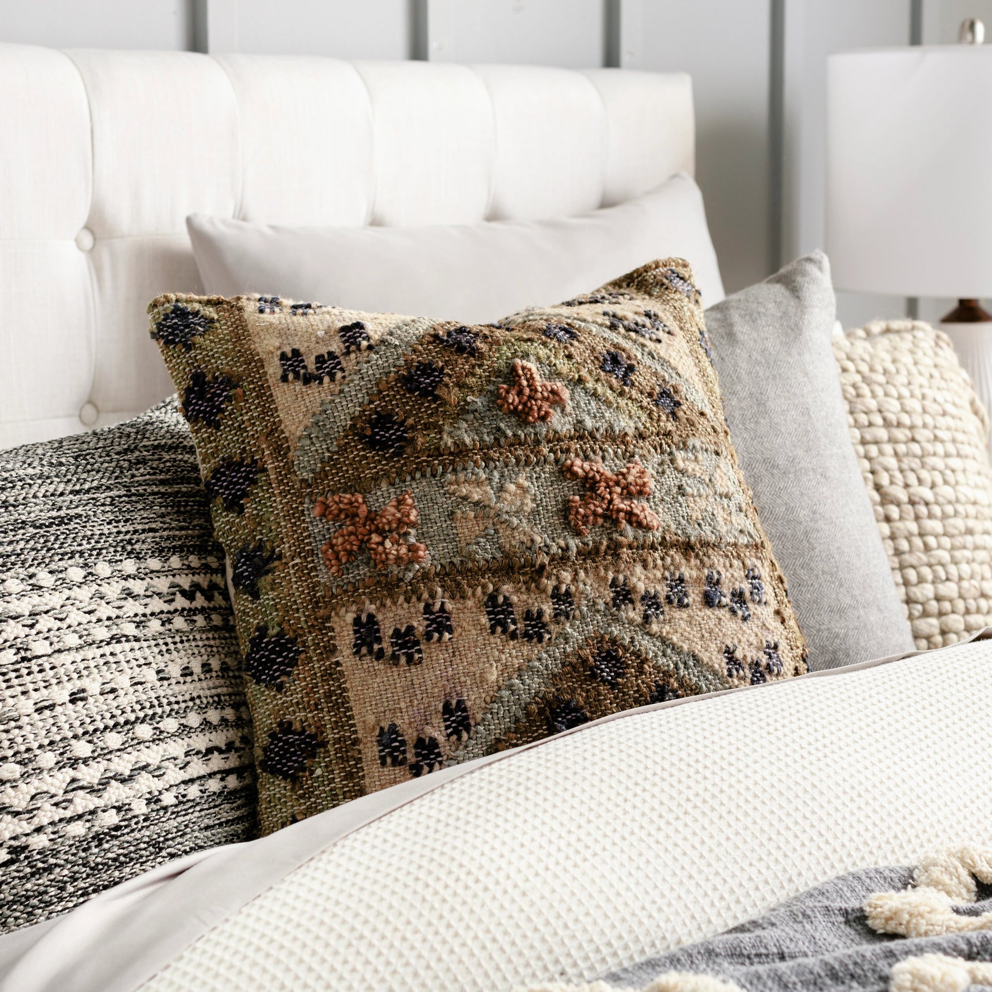 Luanda Pillow - 37087 by Surya in dark brown, brown, seafoam, black, light beige, olive. Made from 70% jute, 20% wool, 10% cotton, 100% cotton in a eclectic & global style.