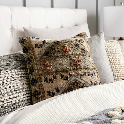 Luanda Pillow - 37087 by Surya in dark brown, brown, seafoam, black, light beige, olive. Made from 70% jute, 20% wool, 10% cotton, 100% cotton in a eclectic & global style.