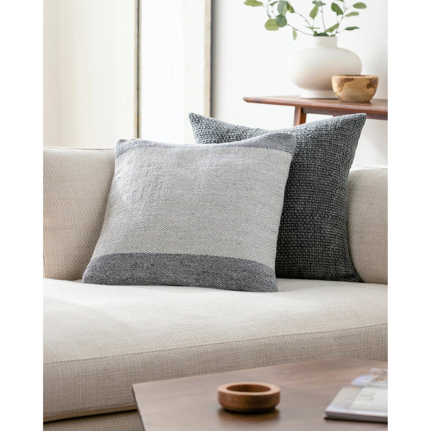 003 SI-2049379,SI-2049380,SI-2049382,SI-2049383,SI-2049385,SI-2049386 | Lifestyle | Latvia Indoor/Outdoor Pillow by Surya in ivory, charcoal, stone gray. Made from front: 100% polyester, back: 100% polyester in a modern style.