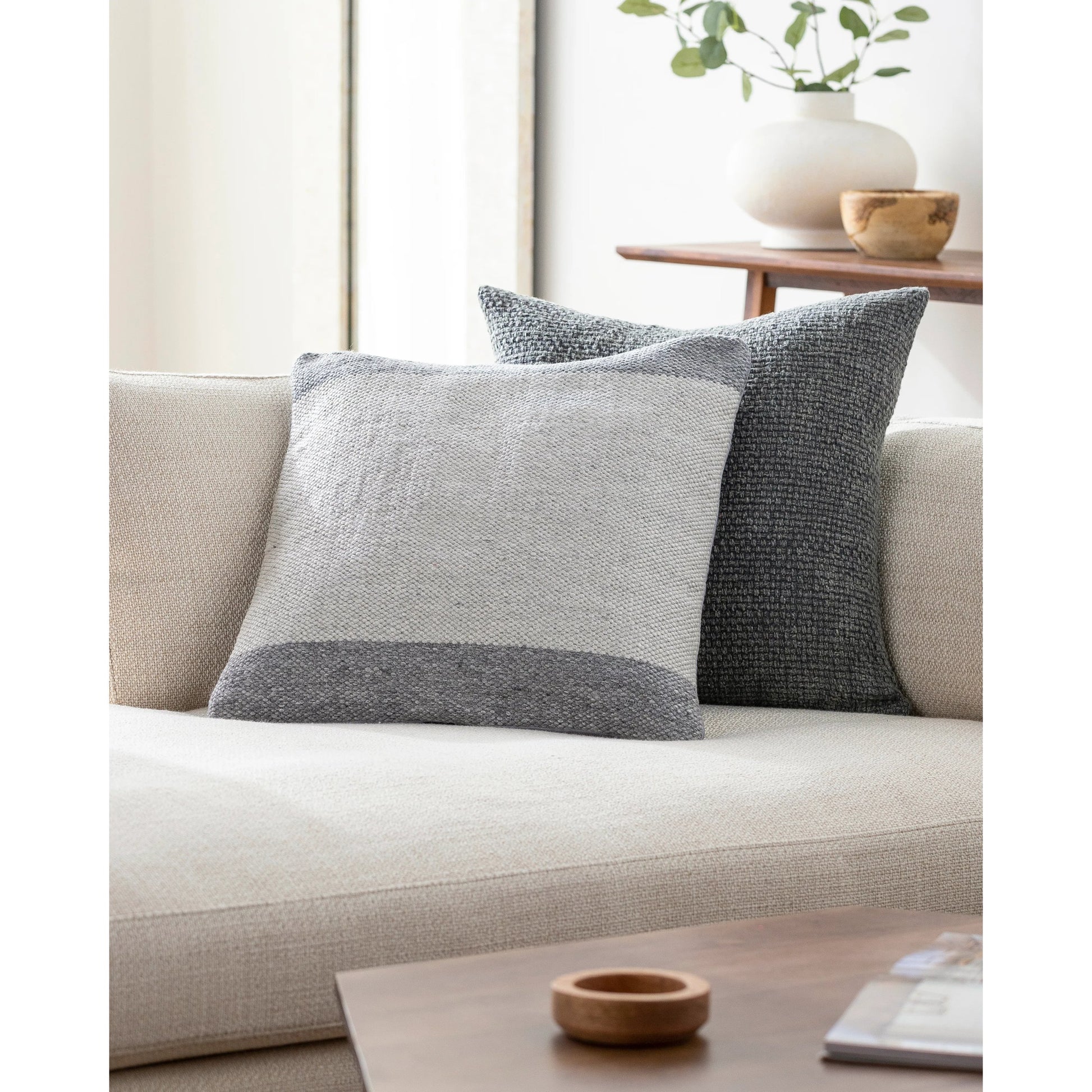 Latvia Indoor/Outdoor Pillow by Surya in ivory, charcoal, stone gray. Made from front: 100% polyester, back: 100% polyester in a modern style.