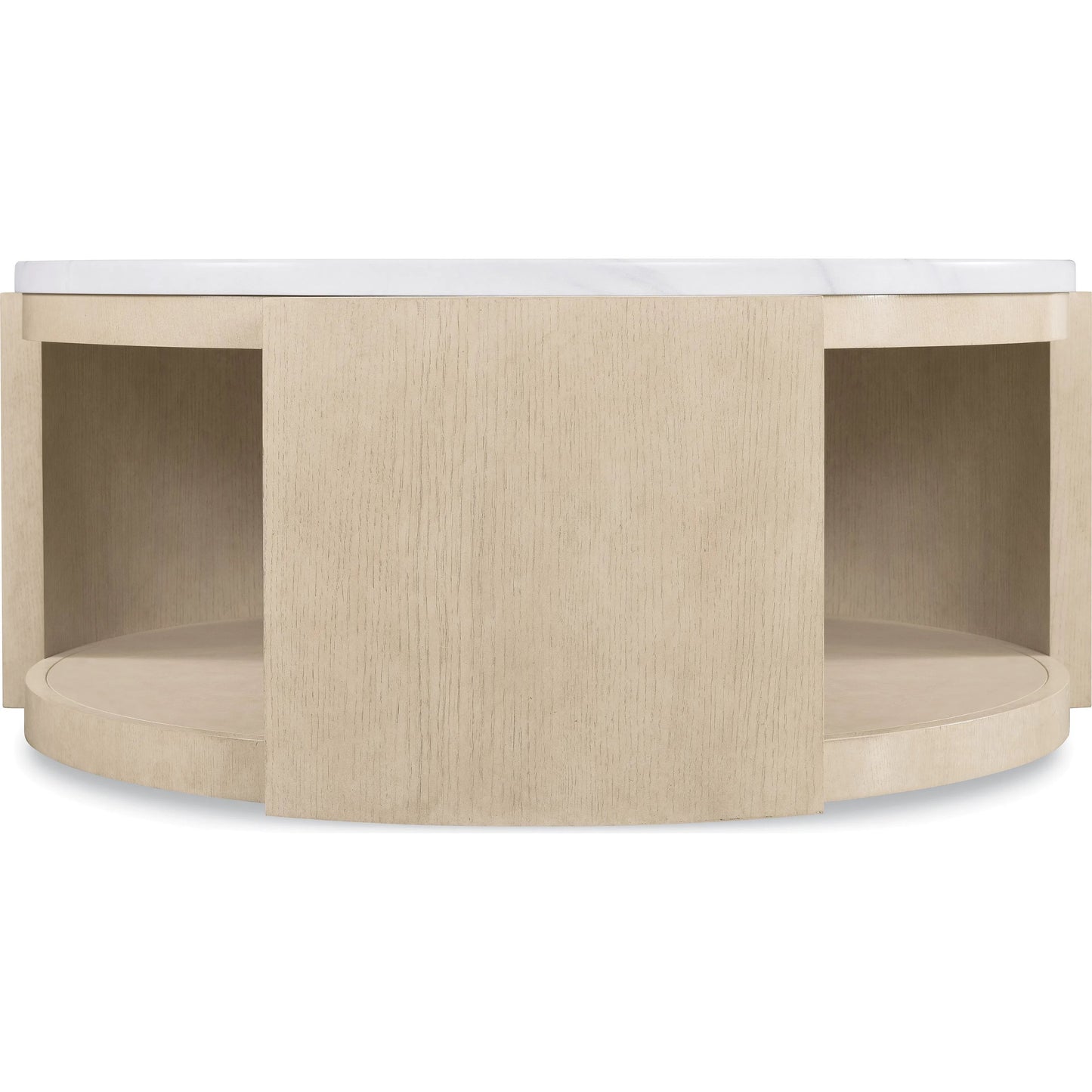 003 SI-2458412 | Additional Silo | Westwood Round Cocktail Table by Hooker Furniture in polished limestone, quartered oak veneers. Made from glass reinforced concrete, oak veneers, leather, hair on hide leather in a transitional style.