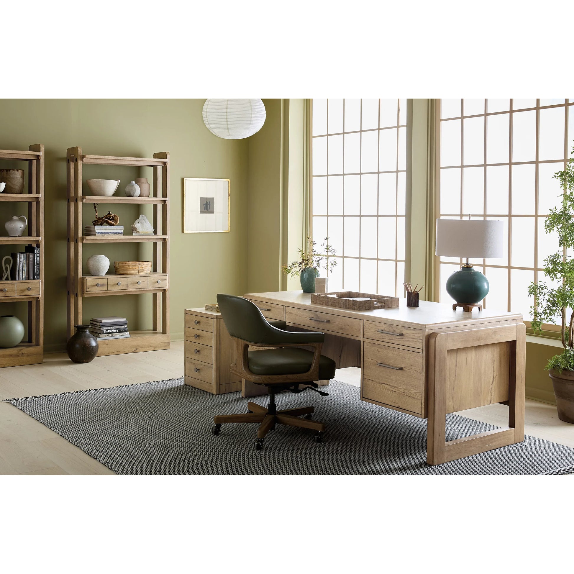Kalamazoo Bookcase by Hooker Furniture in medium wood and aged oak. Made from white oak veneers in a transitional style.