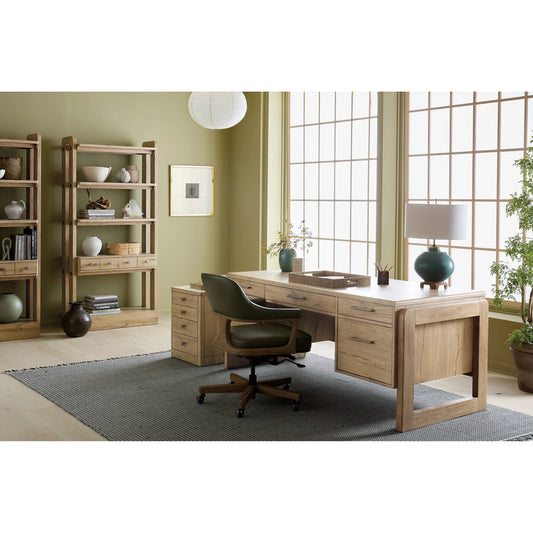 Kalamazoo Bookcase by Hooker Furniture in medium wood and aged oak. Made from white oak veneers in a unique style.