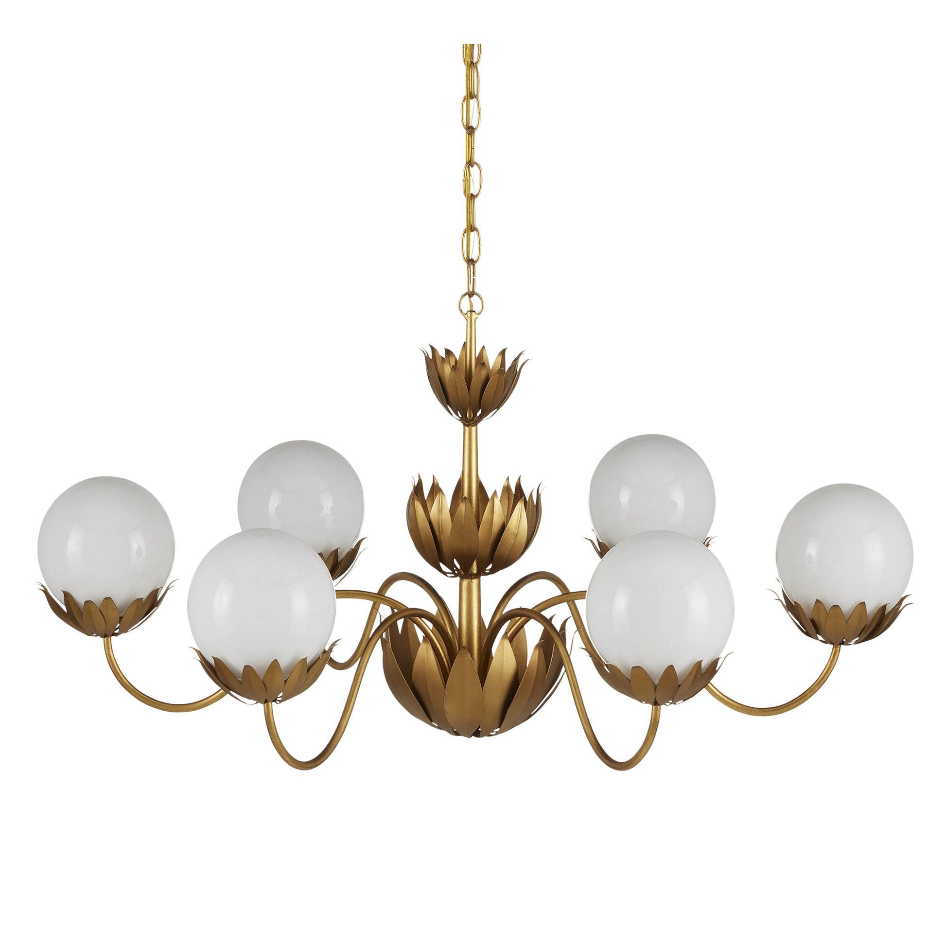 Mirasole Chandelier by Currey and Company in contemporary gold leaf, gold, white. Made from wrought iron, glass in a traditional style.
